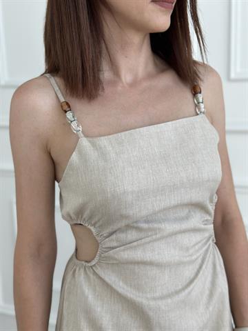 Ekru Askılı Midi Boy Elbise