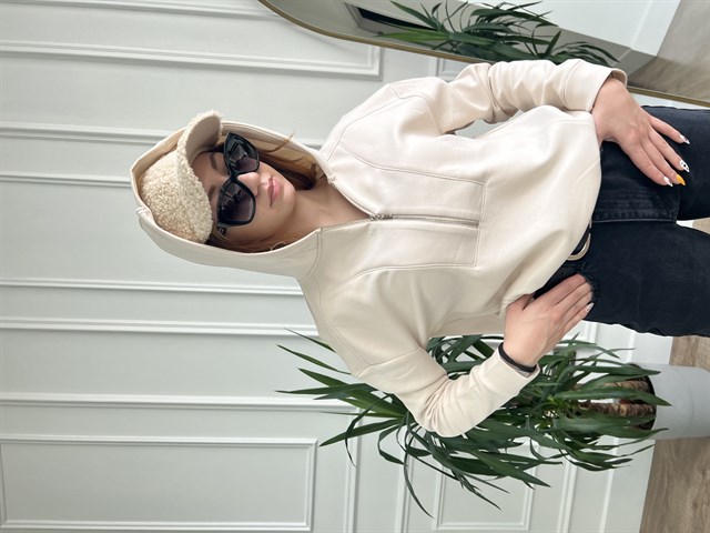 Ekru Kapüşonlu Fermuarlı Sweatshirt