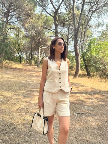 Ekru Keten Yelek Şortlu Takım