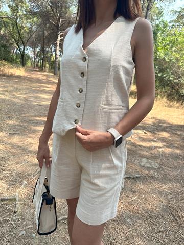 Ekru Keten Yelek Şortlu Takım
