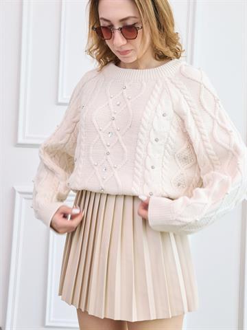 Ekru Piliseli Deri Şort Etek