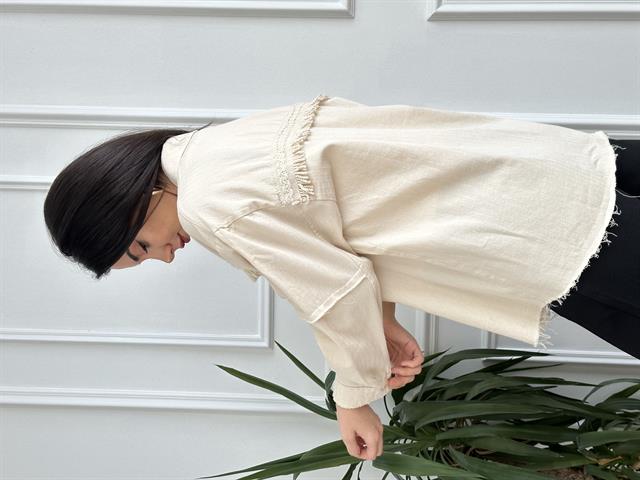 Ekru Püskül Detaylı Gabardin Ceket