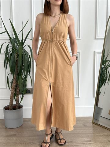 Fermuarlı Camel Dokuma Elbise