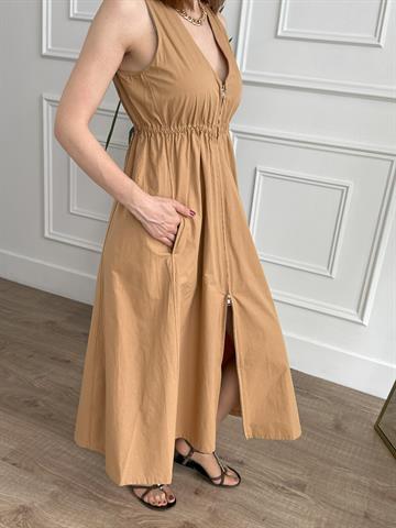 Fermuarlı Camel Dokuma Elbise