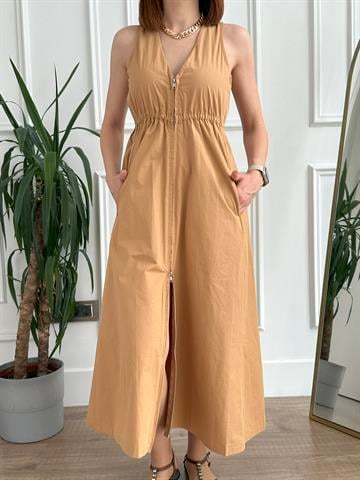 Fermuarlı Camel Dokuma Elbise