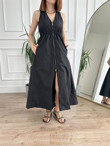 Fermuarlı Siyah Dokuma Elbise