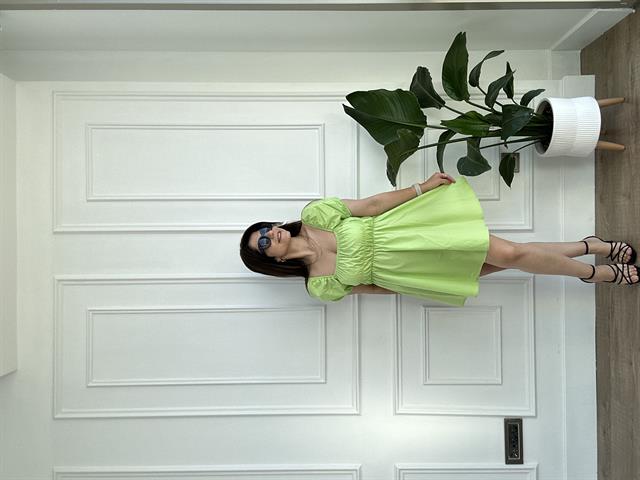 Fıstık Yeşili Balon Kol Gipeli Poplin Mini Elbise