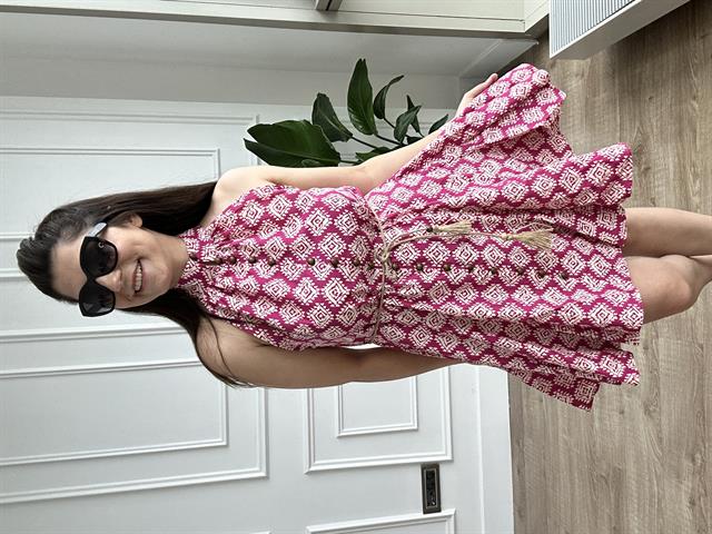 Fuşya Desenli Hakim Yaka Elbise