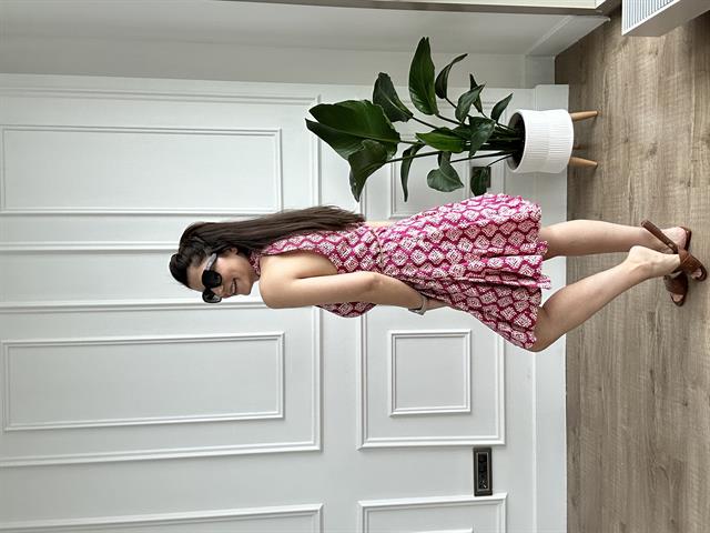 Fuşya Desenli Hakim Yaka Elbise