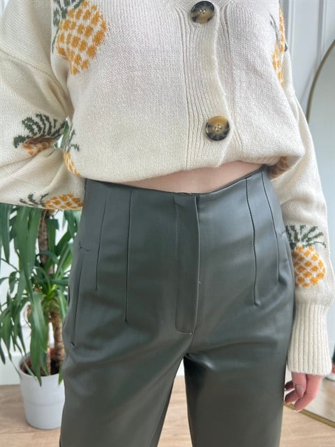 Haki Yüksek Bel Deri Pantolon