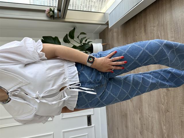 Kendinden Desenli Yüksek Bel Mavi Denim Pantolon