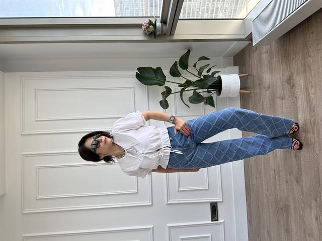 Kendinden Desenli Yüksek Bel Mavi Denim Pantolon