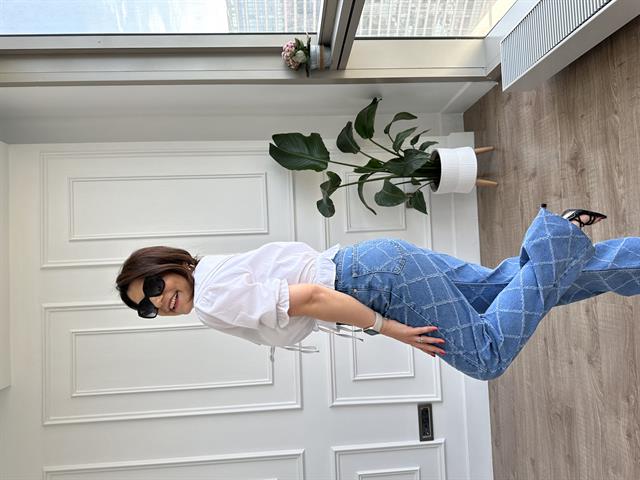 Kendinden Desenli Yüksek Bel Mavi Denim Pantolon