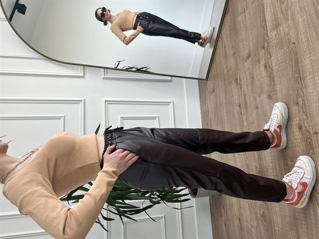 Koyu Kahve Dizi Dikişli Bağcıklı ve Beli Lastikli Deri Pantolon