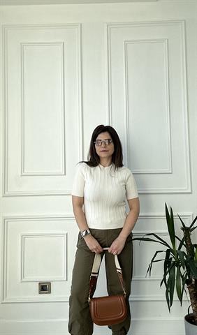 Krem Kendinden Desenli Kısa Kol Triko 