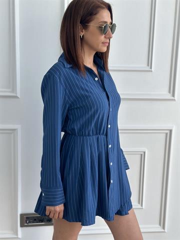 Lacivert Çizgili Pileli Gömlek Elbise