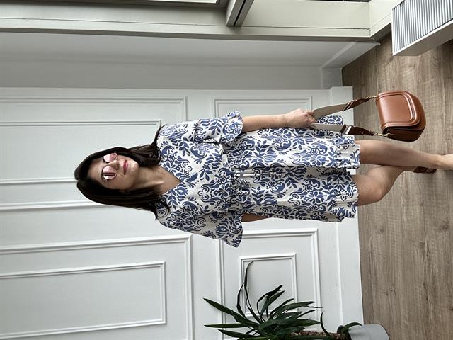 Mavi Çiçek Desen Kısa Kol Elbise