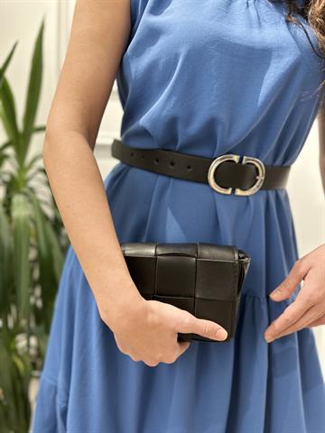 Mavi Sıfır Kol Krep Kumaş Dokuma Volume Elbise