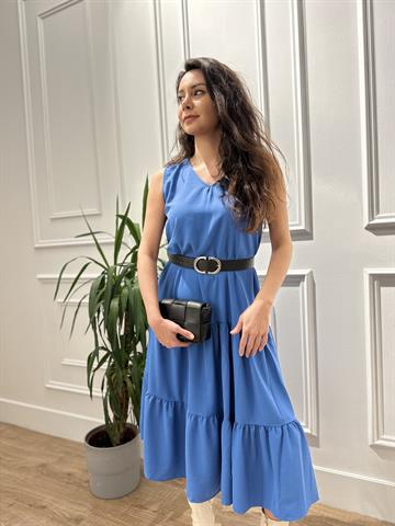 Mavi Sıfır Kol Krep Kumaş Dokuma Volume Elbise