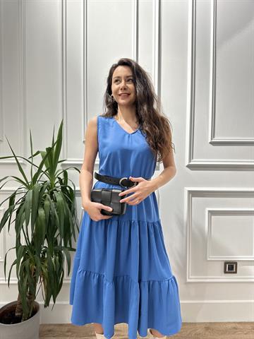 Mavi Sıfır Kol Krep Kumaş Dokuma Volume Elbise