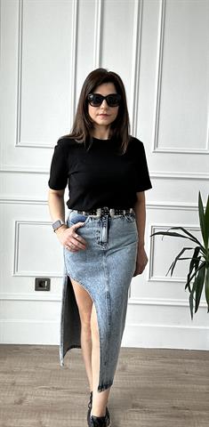 Mavi Yırtmaçlı Midi Boy Denim Etek