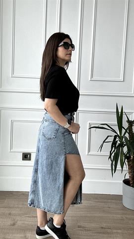 Mavi Yırtmaçlı Midi Boy Denim Etek