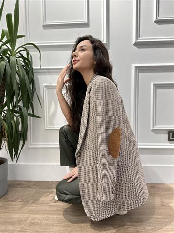 Natural Renk Kaz Ayağı Desenli Blazer Ceket