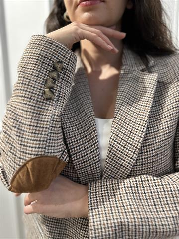 Natural Renk Kaz Ayağı Desenli Blazer Ceket
