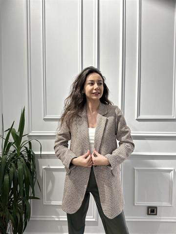 Natural Renk Kaz Ayağı Desenli Blazer Ceket