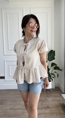 Önden Bağlamalı Çizgi Desen Bluz