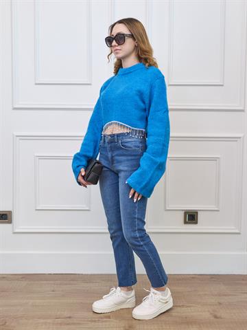 Saks Belde Taş Detaylı Crop Kazak