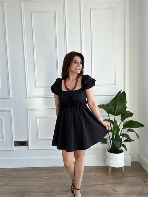 Siyah Balon Kol Gipeli Poplin Mini Elbise