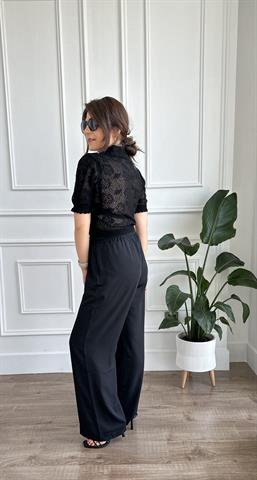 Siyah Beli Lastikli Wide Leg Kumaş Pantolon