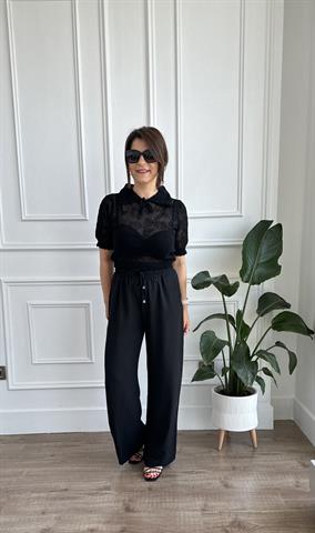 Siyah Beli Lastikli Wide Leg Kumaş Pantolon