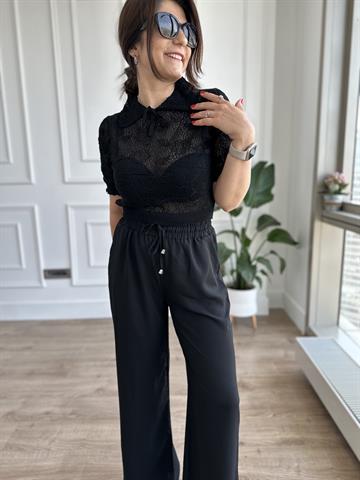 Siyah Beli Lastikli Wide Leg Kumaş Pantolon