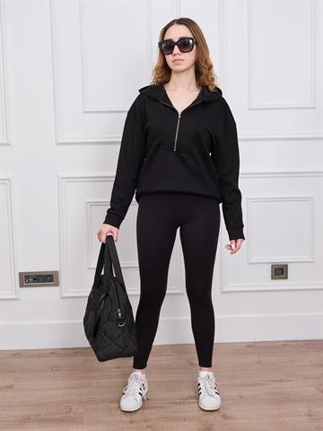 Siyah Kapüşonlu Fermuarlı Sweatshirt