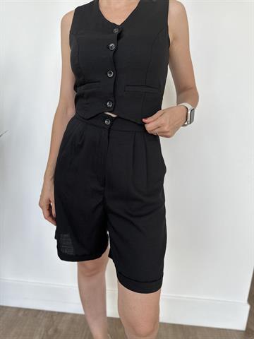 Siyah Keten Kumaş  Şortlu Takım