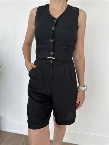 Siyah Keten Kumaş  Şortlu Takım