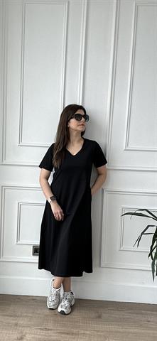 Siyah Kısa Kol Volume Elbise