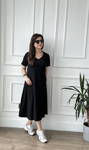 Siyah Kısa Kol Volume Elbise