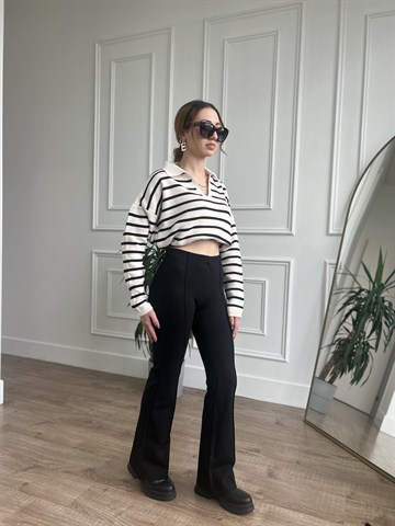 Siyah Nervürlü Flare Paça Pantolon