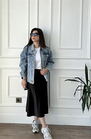 Siyah Saten Midi Boy Etek