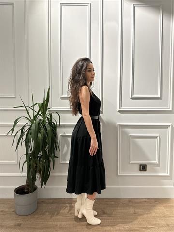 Siyah Sıfır Kol Krep Kumaş Dokuma Volume Elbise