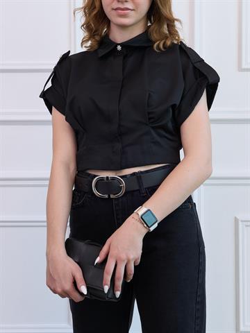 Siyah Taş Detaylı Poplin Crop Gömlek