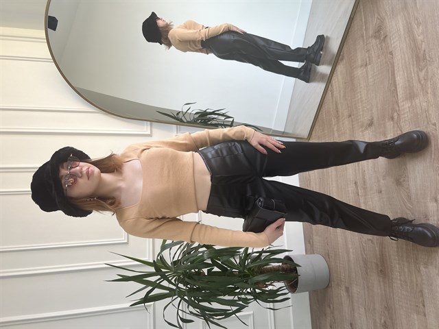 Siyah Yüksek Bel Deri Pantolon