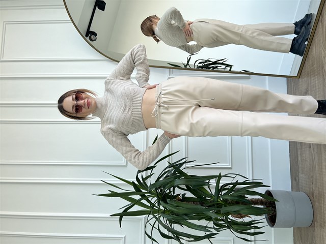 Taş Rengi Zigzag Desenli Balıkçı Crop Kazak
