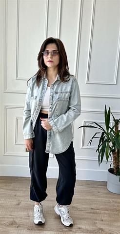 Taşlı Ön Cep Detaylı Açık Mavi Yıkama Denim Gömlek Ceket