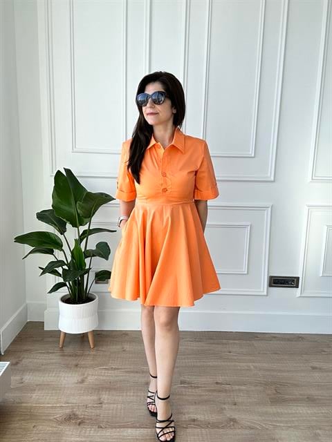 Turuncu Poplin Kumaş Kısa Kol Gömlek Elbise