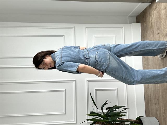 V Yaka Mavi Denim Tulum