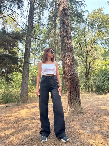 Wide Leg Yüksek Bel Füme  Taşlanmış Denim  Pantolon